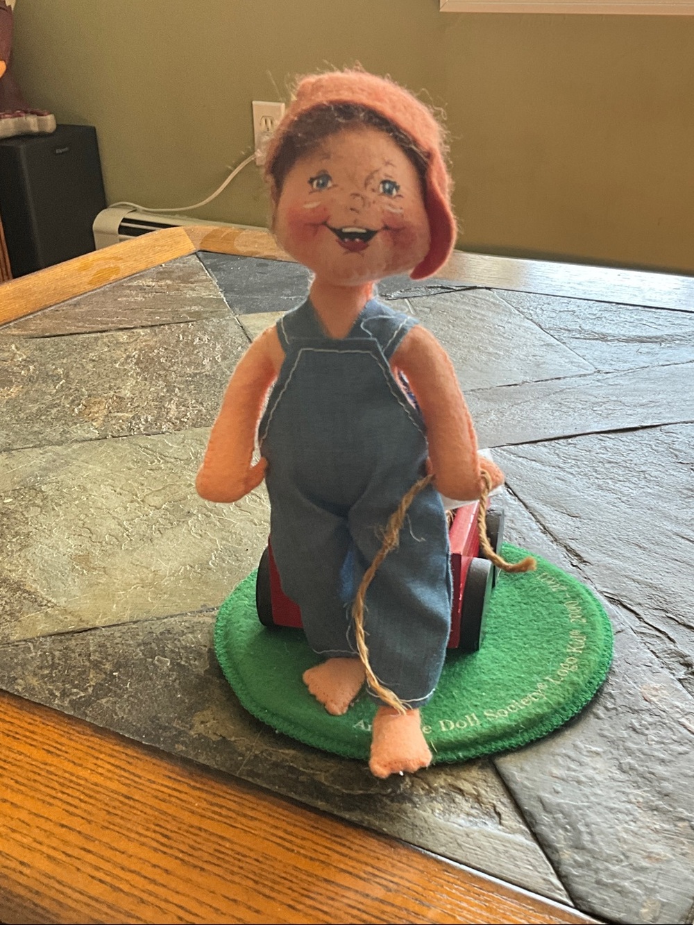 Annalee Vintage Pull Doll in Blue Overalls with Pink Hat